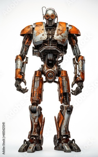 Robot F136 orange fighting old rusted iron One isolated on white background.
