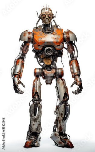 Robot F138 orange fighting old rusted iron One isolated on white background. © somkcr