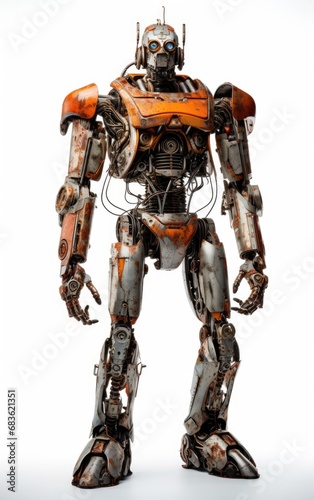 Robot F141 orange fighting old rusted iron One isolated on white background.