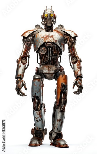 Robot F154 orange fighting old rusted iron One isolated on white background.