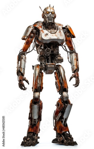 Robot F156 orange fighting old rusted iron One isolated on white background.