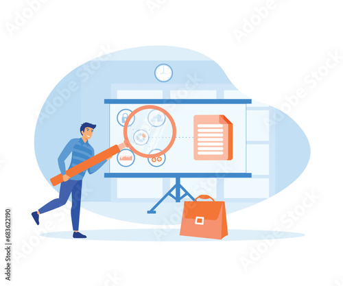 Businessman analyzing big data on graph using magnifying glass.  flat vector modern illustration 