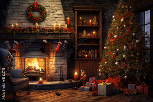 The ambiance of a beautifully decorated living room with a festively adorned Christmas tree, stockings hanging by the fireplace, and a warm, crackling fire. Focuses on the serene and peaceful