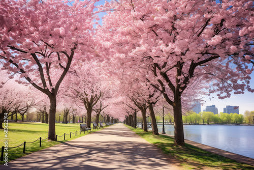 The breathtaking beauty of spring by showcasing a picturesque scene of a pathway or parkway lined with blooming cherry blossom trees. Emphasize the soft colors of the blossoms against a clear blue sky photo