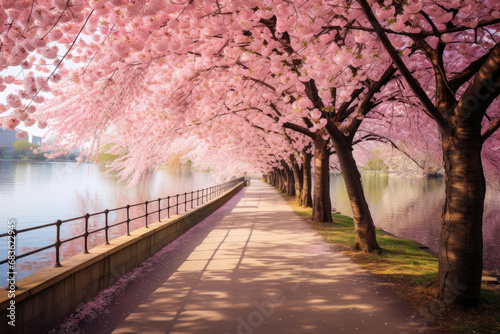 The breathtaking beauty of spring by showcasing a picturesque scene of a pathway or parkway lined with blooming cherry blossom trees. Emphasize the soft colors of the blossoms against a clear blue sky