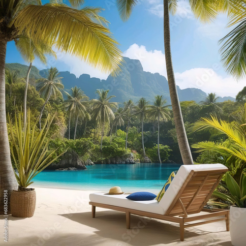 Tumbona con un cojín y un sombrero en una playa paradisíaca con palmeras un mar en calma unas montañas de fondo con un cielo azul con nubes blancas  photo