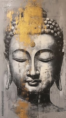 The gentle figure of Buddha painted on a cement wall, accented with gold paint.