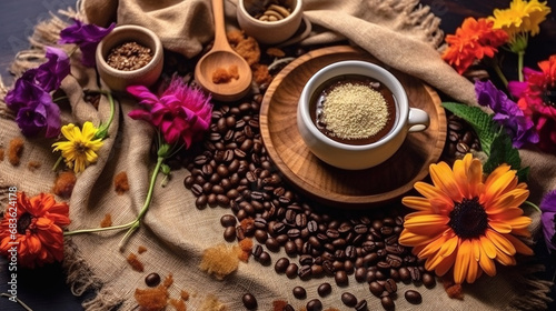 Coffee Beans In A Burlap Sack A Colorful Coffee Based Dessert with Edible Flowers Blurry Background © Image Lounge