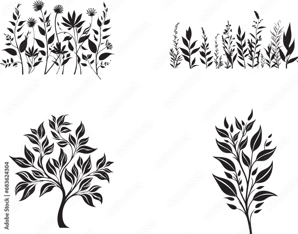 A set of black Tree Roots on white background