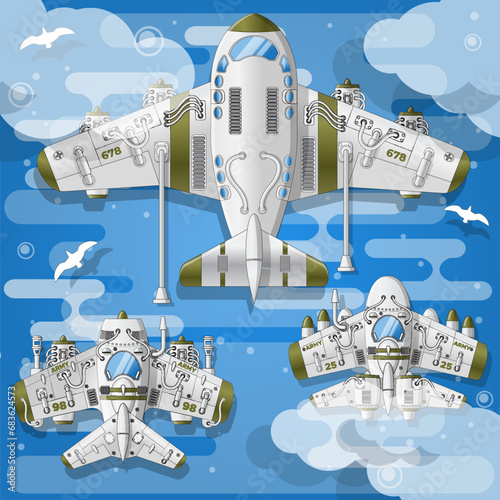 Refueling military aircraft in the air. View from above. Vector illustration.