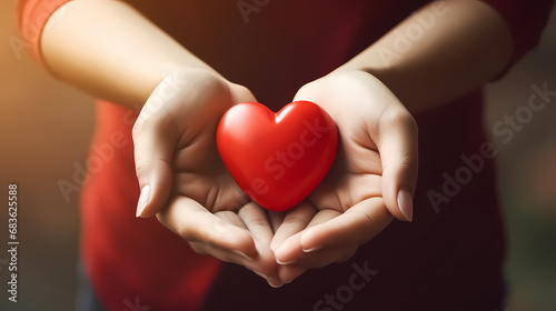 - - - Young women hands holding red heart health care  donate and family insurance concept world heart day  world health day  CSR responsibility  adoption foster family  hope  gratitude  kind