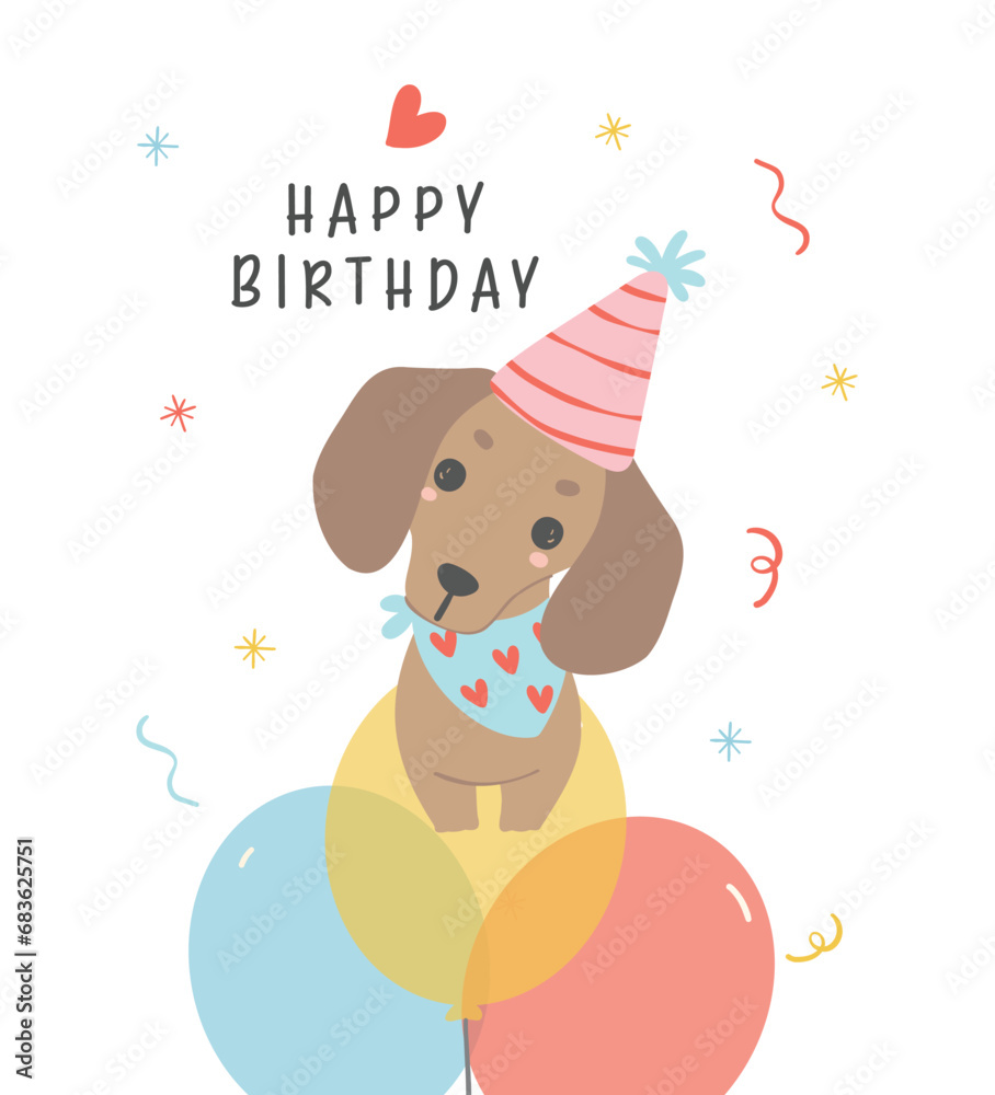 Cute Birthday card with Dachshund Dog party on balloons. Kawaii greeting card cartoon hand drawing flat design graphic illustration. Cute Birthday card with Dachshund Dog party on balloons. Kawaii greeting card cartoon hand drawing flat design graphic illustration.