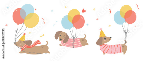 Cute Birthday card banner with Dachshund sausage Dogs. Kawaii greeting card cartoon hand drawing flat design graphic illustration.