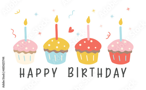 Cute Birthday card banner with vibrant colorful cupcake cake minimal. Kawaii greeting card cartoon illustration.