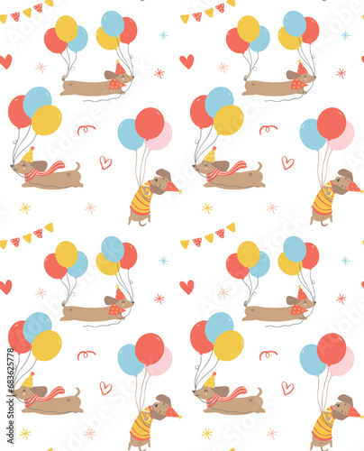 cute Birthday dog pattern seamless background with party dachshund sausage dog cartoon illustration.
