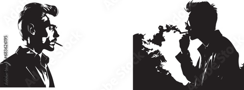 Silhouette of a man in a hat smoking white background