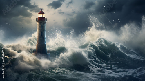 3D Render of a Stormy Lighthouse,Dramatic Seascape: Lighthouse in the Midst of a North Sea Storm.AI Generative  photo