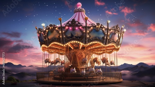 A whimsical carousel adorned with bright lights and heart-shaped decorations against a twilight sky.