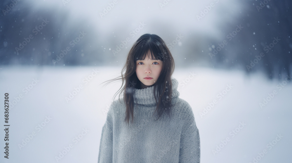雪の中で立つ女性 雪の中で立つ女性