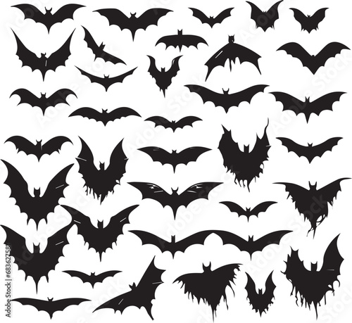 Set of black bat silhouettes isolated on white background. Halloween