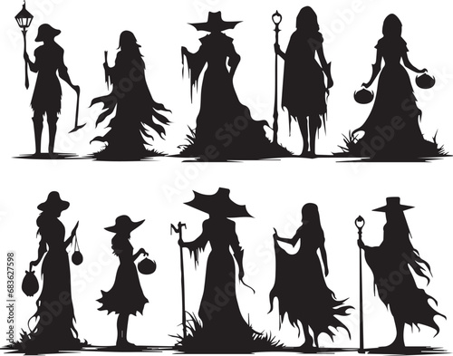 Set of  female Halloween with black hair in a dark forest. silhouette white background