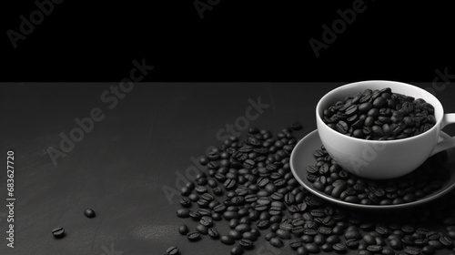 Coffee Cup and Coffee Beans on Wooden Table Copy Space Background