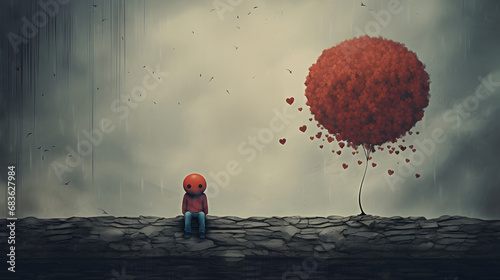 A lonely man is sitting on a rock under a red balloon, in the style of darkly romantic illustrations, textured illustrations photo