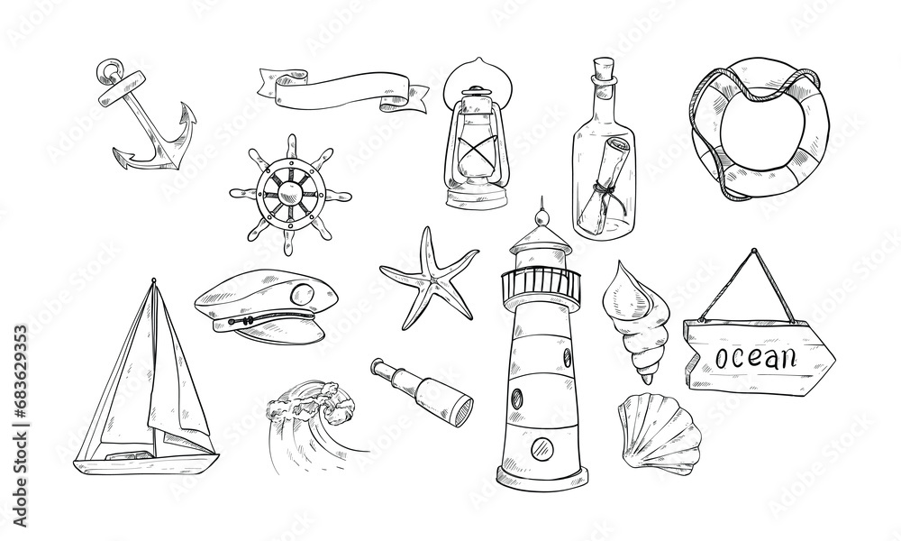 Fototapeta premium sea voyage handdrawn illustration engraving