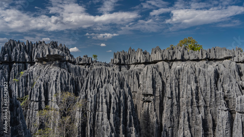 Amazing unique Tsingy De Bemaraha. Gray limestone karst rocks with steep slopes against a background of blue sky and clouds. Madagascar. Bekupaka photo