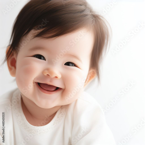 a contented baby with a captivating smile, set against a pure white background that highlights the joyous expression."