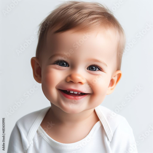 A happy one-year-old baby with an infectious smile  set against a clean  white background. 