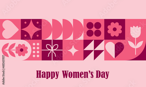 8 march modern neo geometric abstract background. International womens day poster. Composition of simple icons in bauhaus minimalist style. Vector illustration. Grid with red geometrical shapes.