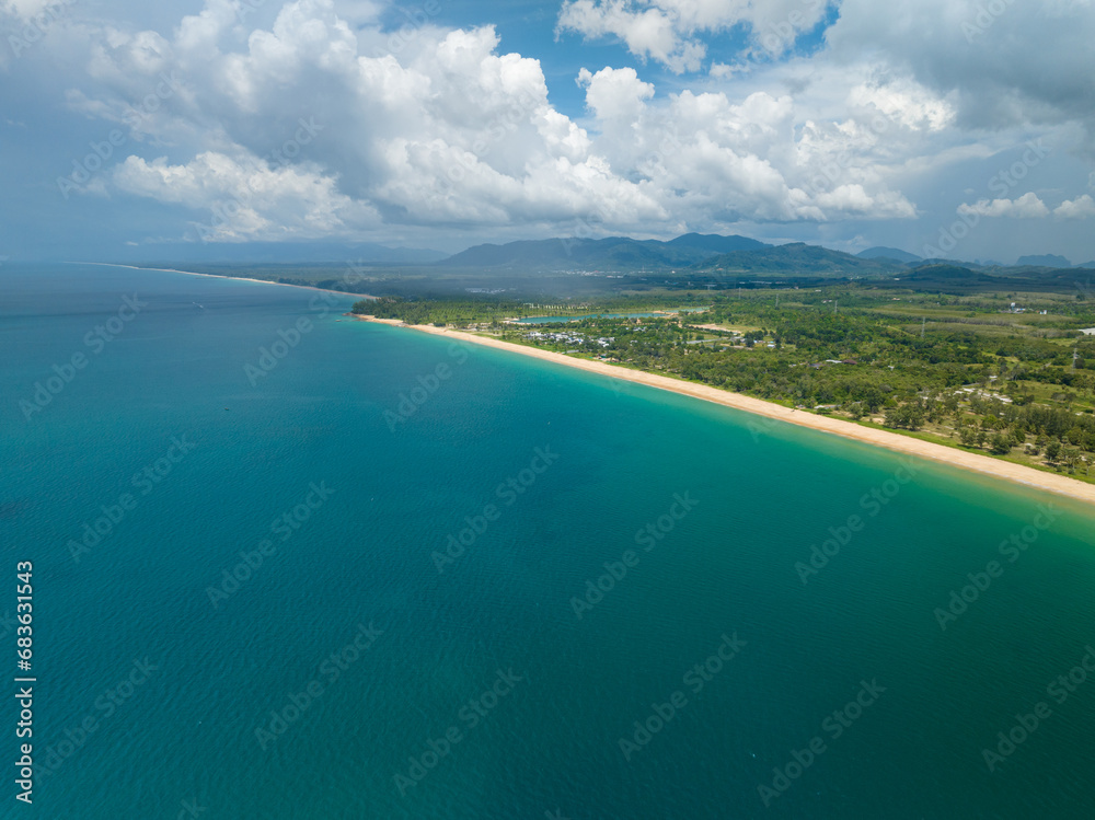 Fototapeta premium Aerial view drone shot of Tropical sea in Phuket thailand,Beautiful sea beach background