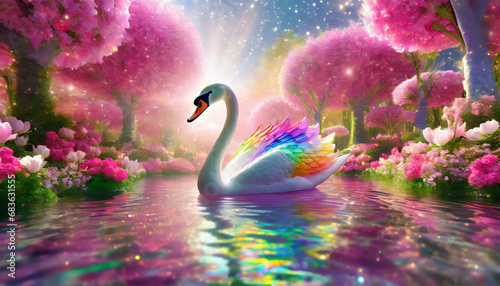 Illustration of cute rainbow swan on the beautiful garden photo