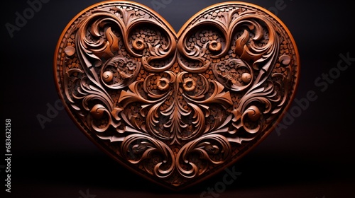 An intricate, ornate wooden carving of a heart surrounded by delicate patterns and textures.