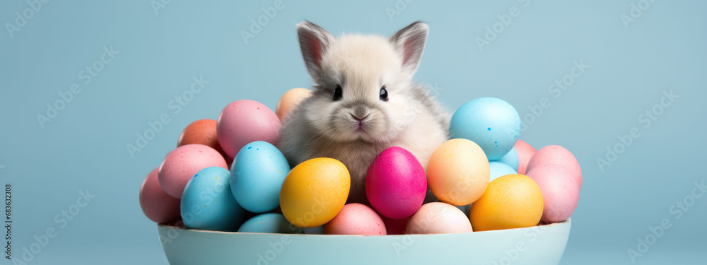 A serene bunny lies among pastel Easter eggs, with a gentle focus on its peaceful demeanor against a soft pink background.