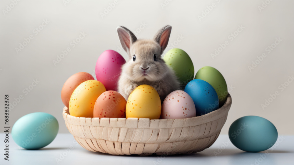 A fluffy bunny guards a basket of brightly colored Easter eggs, the simplicity of the background accentuating the festive colors.