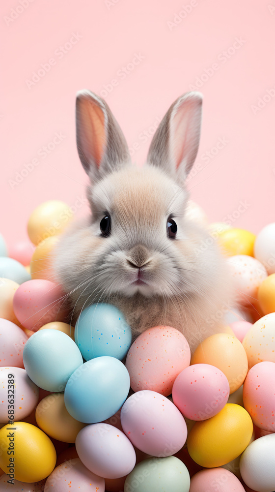 An adorable bunny nestles in a basket amid a sea of soft-hued Easter eggs, set against a delicate pink background for a sweet seasonal touch. An adorable bunny nestles in a basket amid a sea of soft-hued Easter eggs, set against a delicate pink background for a sweet seasonal touch.