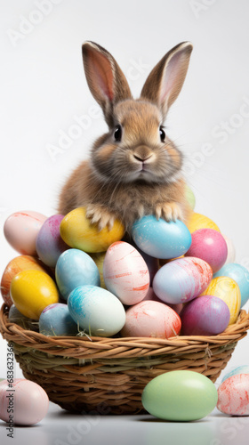 An inquisitive bunny perches in a wicker basket overflowing with pastel Easter eggs, set against a neutral background for a calm setting.