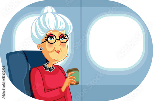 Senior Woman Holding Coffee Cup Traveling by Plane Vector Illustration. Happy granny becoming a globetrotter after retirement enjoying her flight 
