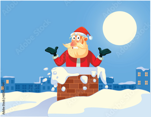 Santa Claus Stuck in a Chimney on Christmas Funny Vector Cartoon Illustration. Funny Santa feeling deception getting caught climbing the rooftop
