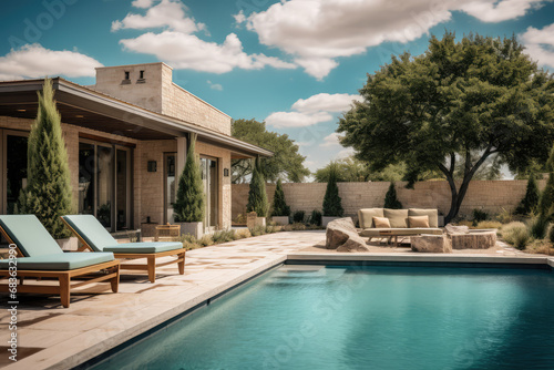 a large home and pool with natural stone outdoor patio
