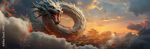 an image of an asian dragon flying in the clouds photo