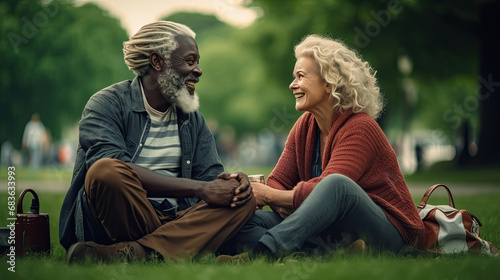Happy senior couple having fun and resting outdoors. Two elderly people together doing picnic on Valentine day in park. African American man and Caucasian woman, romantic date.  photo