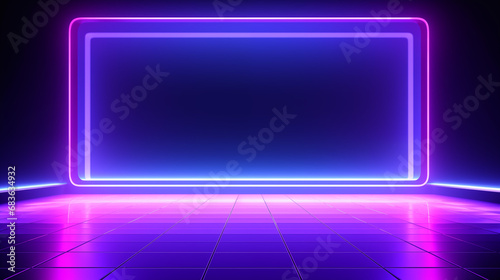 Empty dark abstract background. Background of empty show scene. Glow of sci-fi neon lights and neon figures on an empty concert stage. hi-tech technology background.