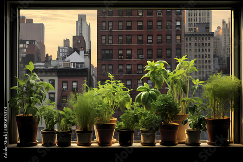 Several herbs on the window sill