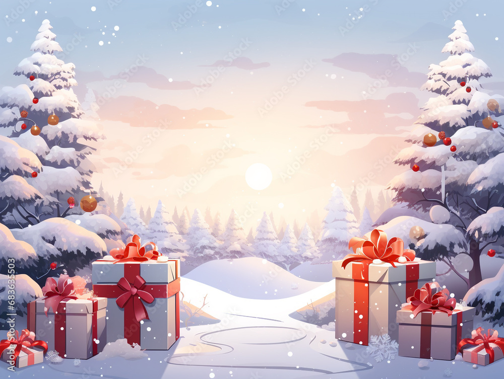 Ilustracja śnieżnego krajobrazu z prezentami i migoczącymi światłami - obrazy, fototapety, plakaty 