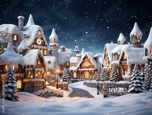 Zimowa krainę czarów z pokrytymi śniegiem domami i migoczącymi światłami.