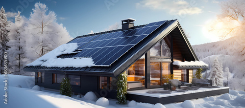 Solar panels on a roof in winter