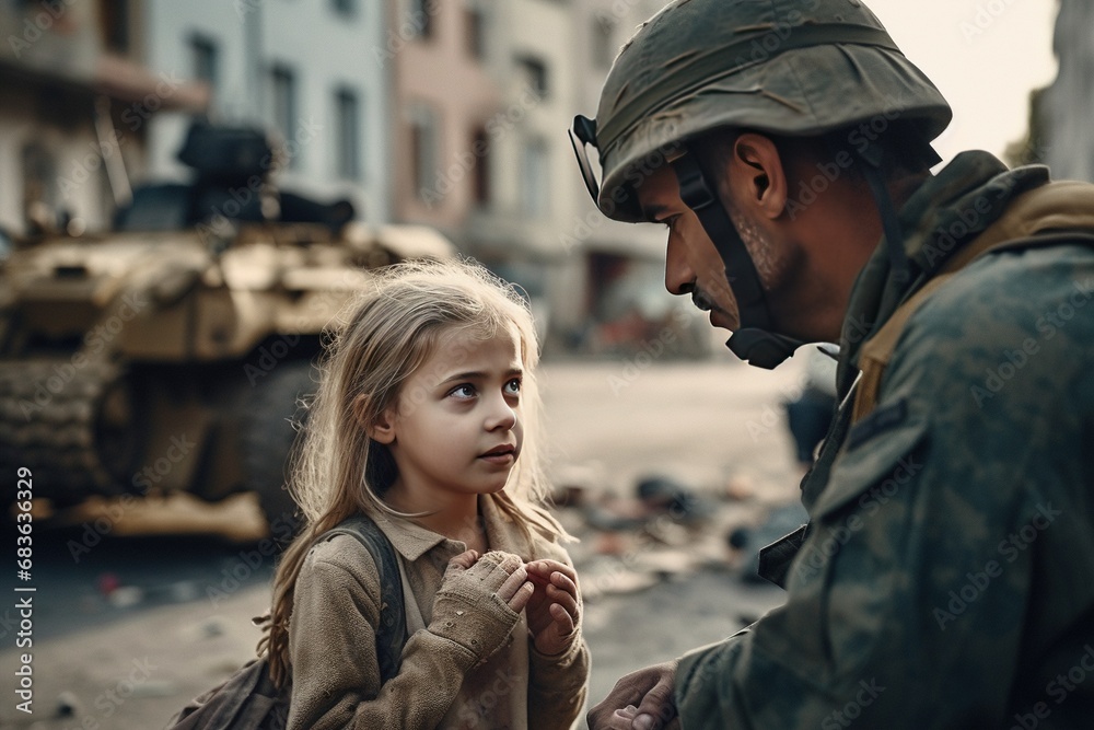 Fototapeta premium War concept, homeless little girl talking with a soldier in a destroyed city, helicopters and tanks, Innocence, fear, war, battle, Human rights, Humanitarian crisis